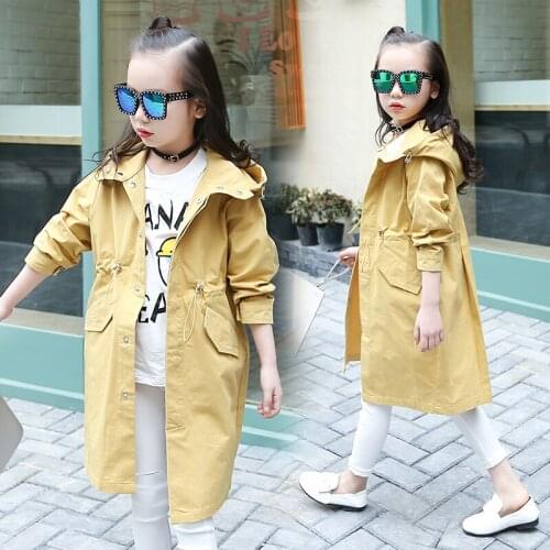 2020 Fall New Girls Leisure Long Windbreaker Coat Childrens Clothes Outerwear Female Kids Yellow Hooded Princess Jakcet X176
