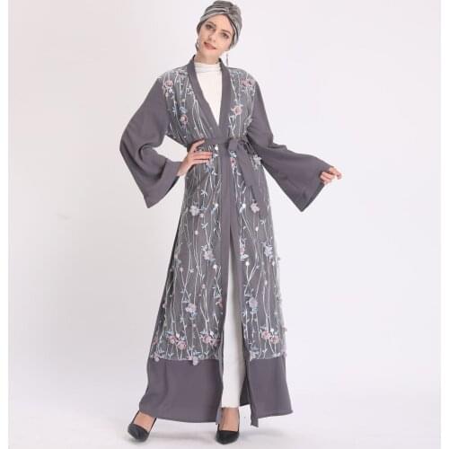 Wholesale Custom grey Abaya Women Long embroidery Dress Clothing Plain Crepe Material Clothing For Islamic Female girl abaya