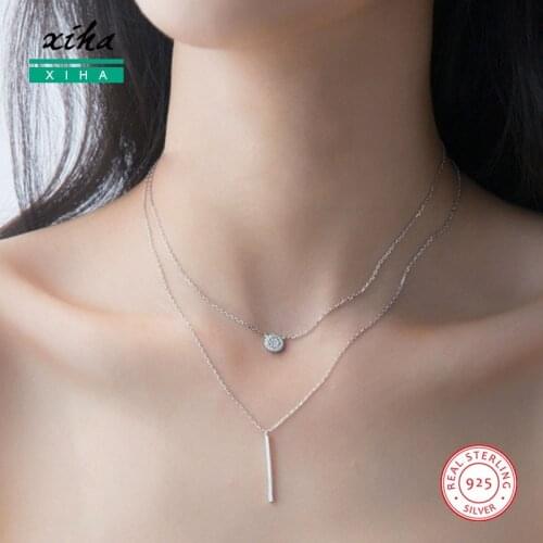 CZ Zircon Crystal 925 Sterling Silver Multi Layer Choker Necklace Women Bohemian Bar Round Disc Coin Pendnt Necklaces Jewelry