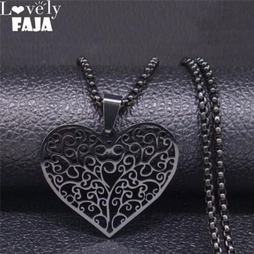 2021 Heart Tree of Life Stainless Steel Necklace Women Black Color Statement Necklace Jewelry gargantilla N3044S03