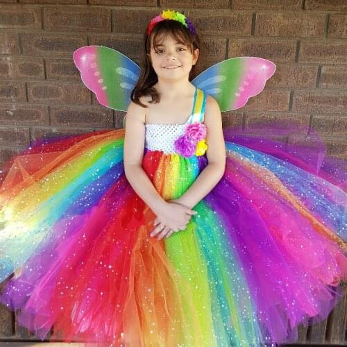 Rainbow Girls Glitter Tutu Dress Kids Sparkle Tulle Dress Flower Ball Gown with Butterfly Wing Children Party Costume Dresses