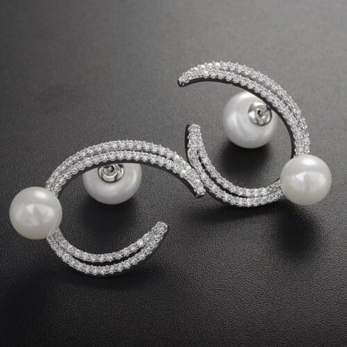 AAA cubic zirconia oval U shaped shell pearl stud earrings for women brand design jewelry ear party accessories brincos