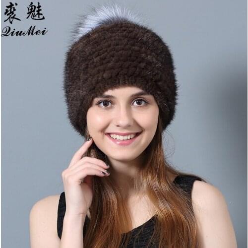 QiuMei Beanies Hat Genuine Mink Fur Fox Fur Pompom Thick Knitted Lining Mink Fur Caps 2018 Newest Luxury Female Hats Natural Fur