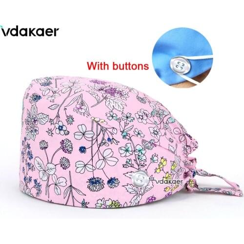 Flower printing hat adjustable Scrub hats beauty salon laboratory pet shop fashion scrub cap with button nursing head cap