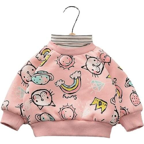 Girls O-neck Long Sleeve Cartoon Animals Print Thick Fleece Winter Warm Hoodies Loose Fit High Neck Pullover Hoodies