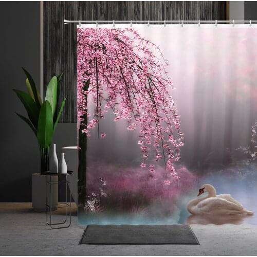 Waterproof Shower Curtain Dream Landscape Tree Flowers Butterfly 3D Printing Machine Washable Bathroom Curtains Set With Hooks