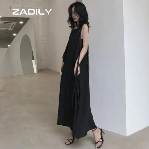 Zadily 2021 Summer Sleeveless Spaghetti Strap Large size Women Black Mixi Dress Oversize Backless Loose Plus Size Casual Robe