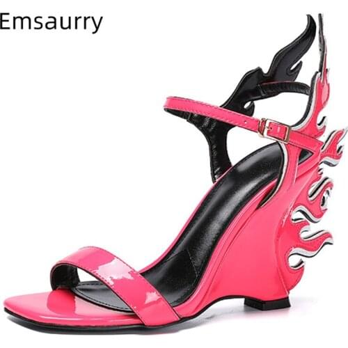 New Design Flame-pattern Gladiator Sandals Women Anke-Strap Fire-shaped Wedges Fashion Catwalk Summer Sandalias Mujer