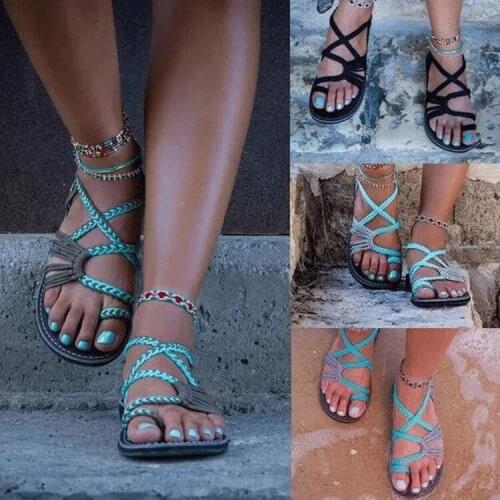 Womens Sandals plus size Womens Sandals Rope knot Summer Europe the United States Beach toe flat Sandals Womens shoes