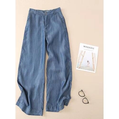 2021 New Arrival Summer Women Loose Casual Elastic Waist Calf-length Pants All-matched Cotton Denim Wide Leg Pants W335