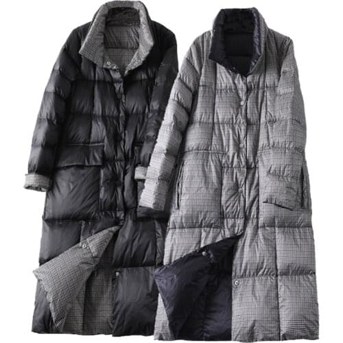 2021 Women Double Sided Long Down Jacket Winter Turtleneck Plaid White Duck Down Coat Female Warm Parkas Snow Outerwear Woman