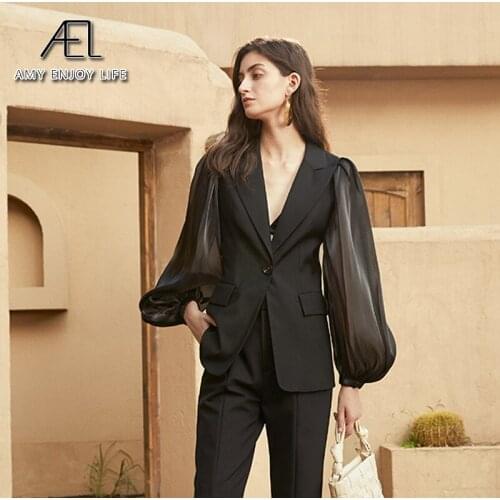 AEL black blazer women fashion organza puff sleeve sexy V neck slim suit jacket elegant lady new