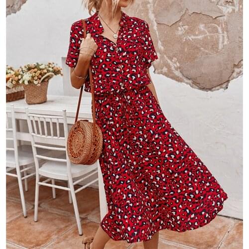 Ladies Bohemian Leopard Print Shirt Dress Women Casual Midi Holiday Summer Dress Female A-line Loose Women Beach Dress Vestidos