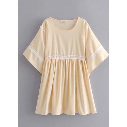 Boho Vintage women lace patchwork linen cotton Mini Dress ladies batwing Sleeve O-Neck Beach Dresses Vestidos Mujer