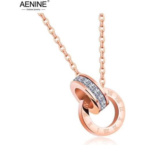 AENINE Mosaic Cubic Zirconia Double Circle Love Roman Numerals Pendant Necklace Rose Gold Color Wedding Women Necklace AN17032