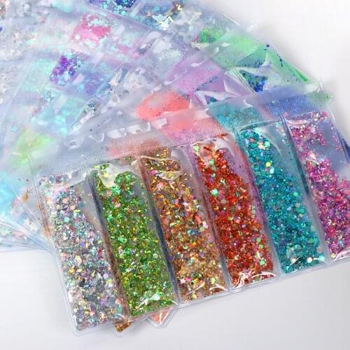 1 Bag 6 Grids Holographics Nail Glitter Flakes Mixed Mirror Heart Star Hexagon Spangles Slices Paillette DIY Polish Manicures