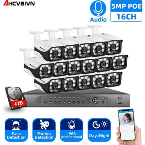 5MP 4K 16CH POE NVR Kit CCTV Security Camera System Kit Outdoor Waterproof Audio POE IP Camera Video Surveillance Camera Kit