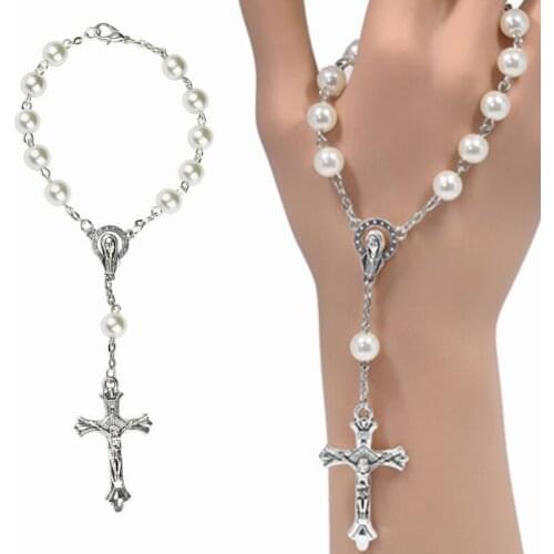 Catholic Rosary Beads Bracelet White Imitation Pearl Christ Cross Jesus Virgin Bracelet Fashion Jewelry Accessories New 2021