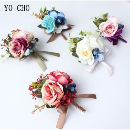 YO CHO Silk Rose Wedding Corsage Men Boutonniere Buttonhole Bracelet for Bridesmaid Pin Flowers Wrist Corsage Wedding Flowers