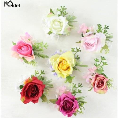Meldel Wrist Corsage Boutonniere Wedding Girl Bracelets Men Brooch Pins Yellow Artificial Flower Red Silk Rose Groom Boutonniere
