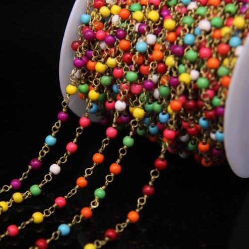 5Meter/lot,Multicolor Howlite 4mm Round Beads Rosary Chain,Mixed color Turquoises Brass Wire Wrapped Chains Necklace Bracelets