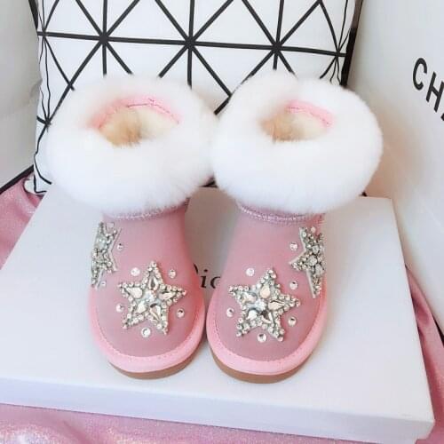 ULKNN Baby Snow Boots 2020 New Winter Rabbit Fur Leather Handmade Beading Childrens Warm Thick Boots Cotton Shoes