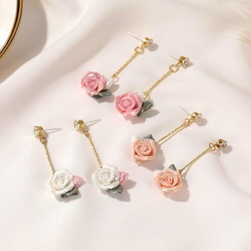 Women Vintage Style Three-Dimensional Rose Eardrop Dangle Ear Stud Earrings