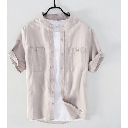 Cotton Linen Shirts Men Short Sleeve Solid Business Stand Collar Dress Shirt Fashion Casual Tops Male Camisa Men Clothing TS-762