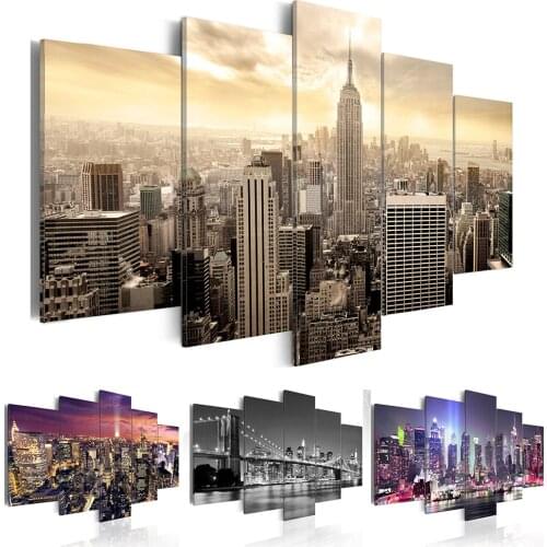Canvas Paintings Wall Art Home Decor 5 Panel New York Building Landscape Poster HD Prints Modular Pictures For Living Room Frame