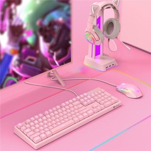 LIENG New Cute Pink Girl 104-Key Wired Keyboard Mouse Headset Set LED Light Computer Notebooks For Girls