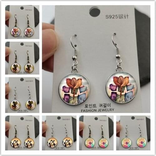 Fashion classic best friend round glass art picture earring cabochon DIY handmade jewelry best sister jewelry earrings