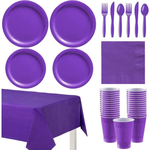 Purple Solid Color Party Set Disposable Plastic Plate Cup Tablecloth Birthday Party Wedding Decoration 10 People Adult Supplies
