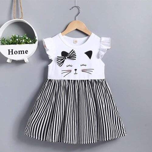 2020 New Fashion Girl Dress Toddler Kid Baby Girl Sleeveless Cat Printed Striped Princess Dress Clothes Summer Beautiful Clothes