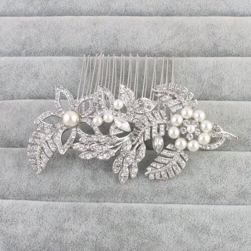 SLBRIDAL New Arrival Art Deco Clear Rhinestones Crystal Pearls Flower Leaf Wedding Hair Comb Bridal Hair Accessories Bridesmaids