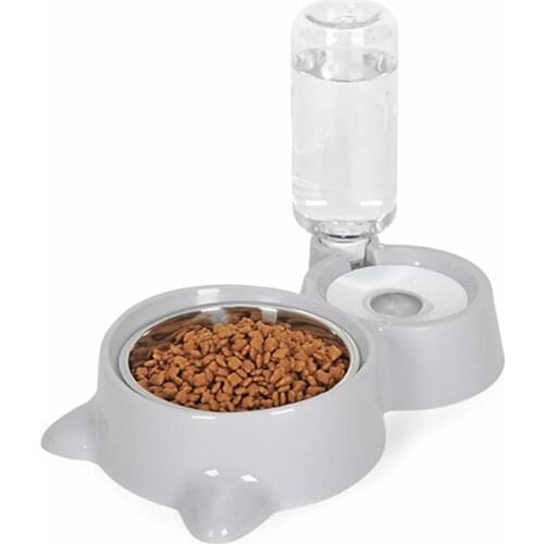 Pet Dual-bowls Automatic Food Feeder Water Fountain No-Wet Mouth for Dog Cat Dispenser