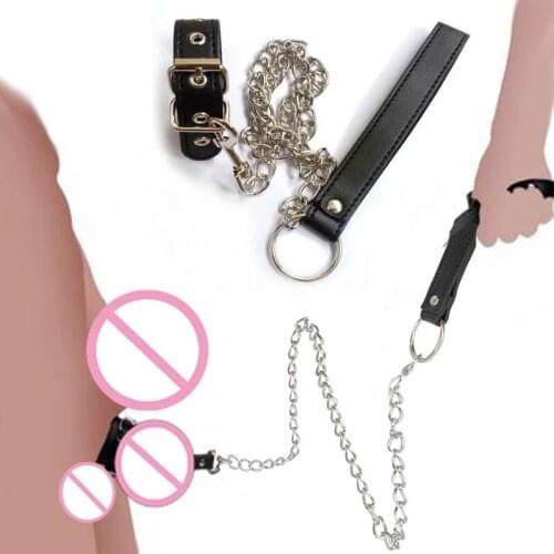 Adjustable Leather Penis Ring With Metal Leashe,Male Chastity Device Belt,Cock Scrotum Testicle Stretcher Delay Training Sex Toy