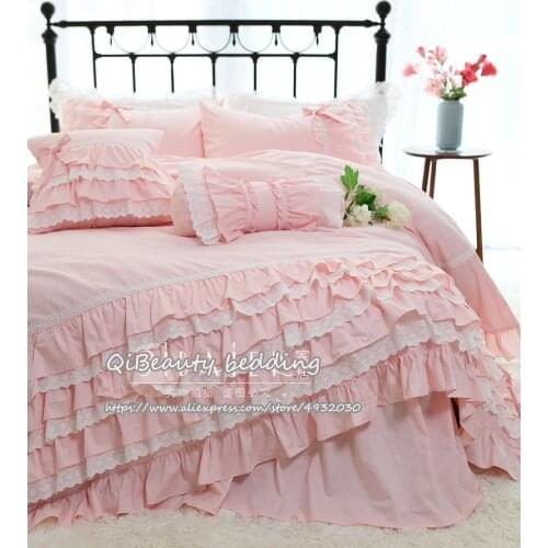 Princess style pink lace and bowknot bed skirt cotton wedding duvet cover set Quilts for double bed for home