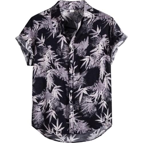 Retro Ethnic Linen Mens Shirts Tops Casual Short Sleeve Leaves Printing Hawaiian Shirt Holiday Beach Wear Men Clothing