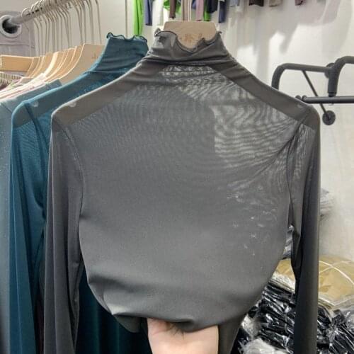 Mesh Solid Women T-Shirts Summer New 2021 Turtleneck See-Through Slim Long-Sleeved Sexy Buttoming Female Pulls Tops Tees X556