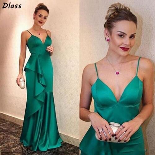 Green Spaghetti Straps Long Prom Dresses 2020 V-Neck Formal Party Sleeveless High Quality Vestidos Ruffles Mermaid Evening Gowns