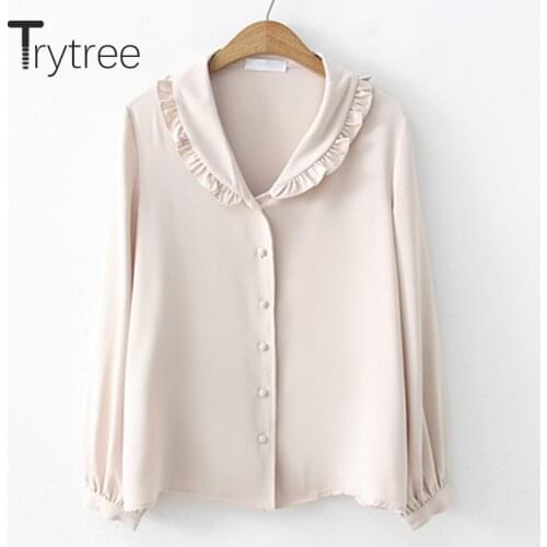 Ttytree Spring Solid Blouses Casual shirt Women Ruffles Turn-down Collar Full Sleeve Single-breasted Polyester Tops Shirts