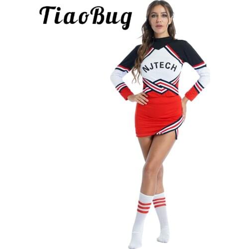 Womens Schoolgirl Cheerleader Cosplay Outfits O Neck Long Sleeve Striped T-shirt Tops With Mini Skirt Bowknot Headwear Stocking