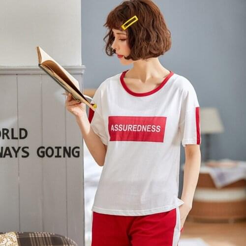 Women summer new pajamas Korean cotton letter fresh cute ladies short sleeve shorts casual thin two piece pajamas pajama set