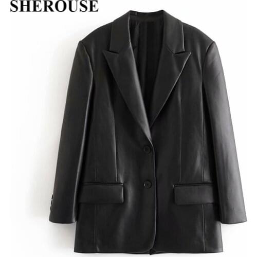 SHEROUSE Women Fashion With Pockets Faux Single Button Solid Blazer Long Sleeve Notched Neck Vintage Female Coats Chic Tops