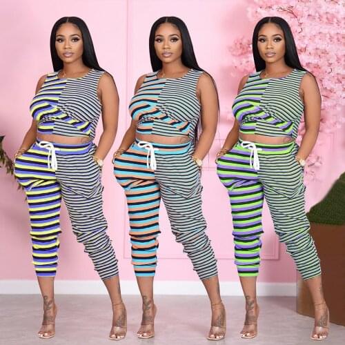 Casual Sports Striped Print Slim Tracksuit Women Drawstring O Neck Sleeveless Crop Top + Pants Fitness Two Piece Set Outfits