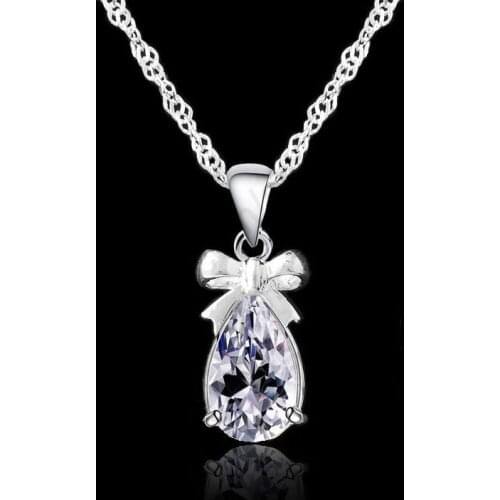 New Trend Genuine 925 Sterling Silver Cubic Zirconia Water Drop CZ Bowknot Pendant Necklaces + 18" Chain For Woman