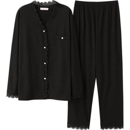 100% Cotton Black Pajamas Set Women 2Piece/Set Sexy Mom Female Pyjama Big SleepwearPjs Home Soft Princess Lace V-Neck Sleepwear