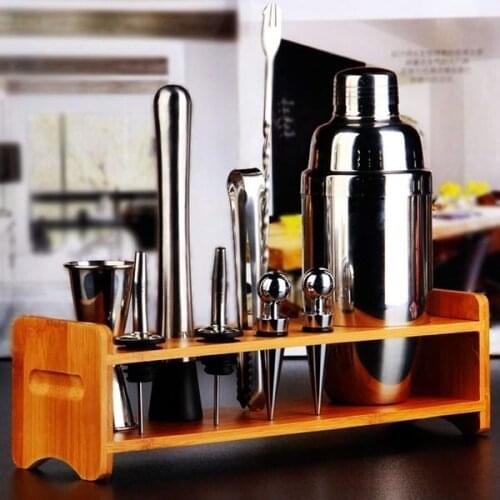 12pcs Stainless Steel Cocktail Shaker Set Barware Kit with Square Wooden Rack for Bartender Drink Party Bar Tools