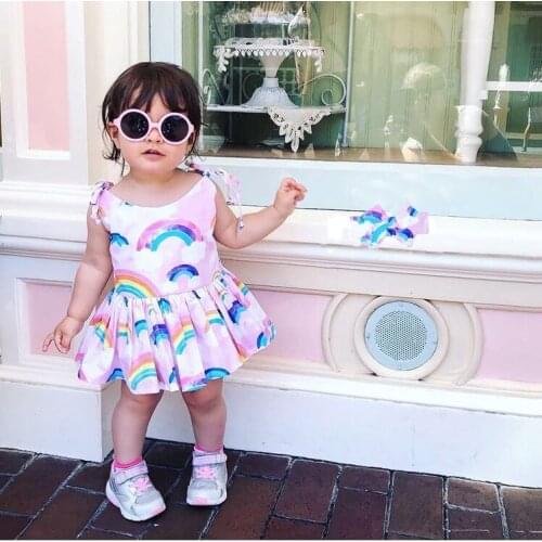 2 Pcs Newborn Summer Outfits Baby Girls Sleeveless Tie-up Rainbow Print U-shaped Neck Romper + Headband