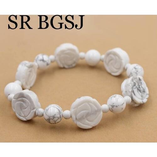 Free Shipping Fashion Jewelry Natural Gems Stone White Howlite Stretchy Flower Bracelet 7.5inch